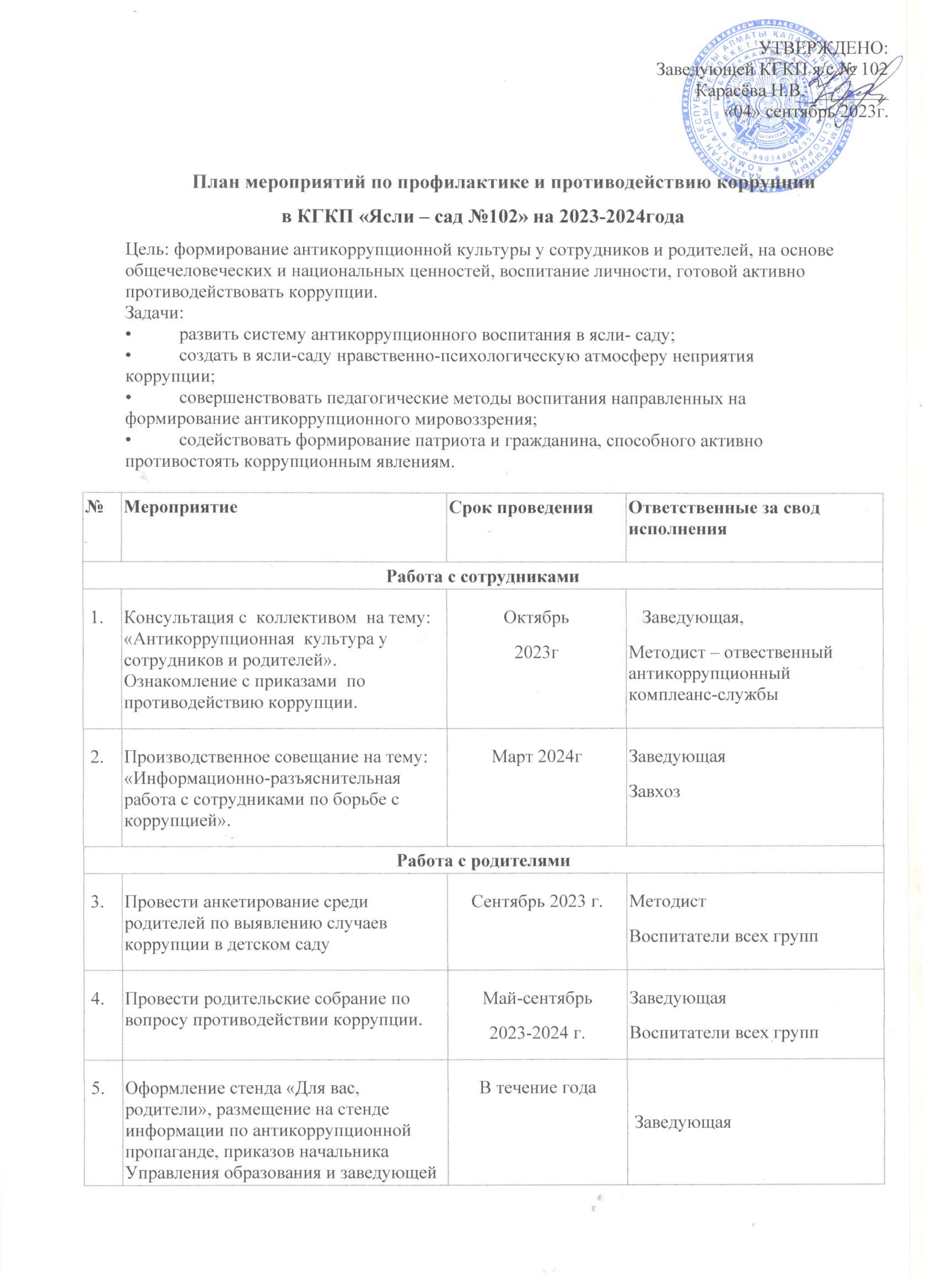 План мероприятий по профилактике и противодействию коррупции в КГКП «Ясли – сад №102» на 2023-2024года