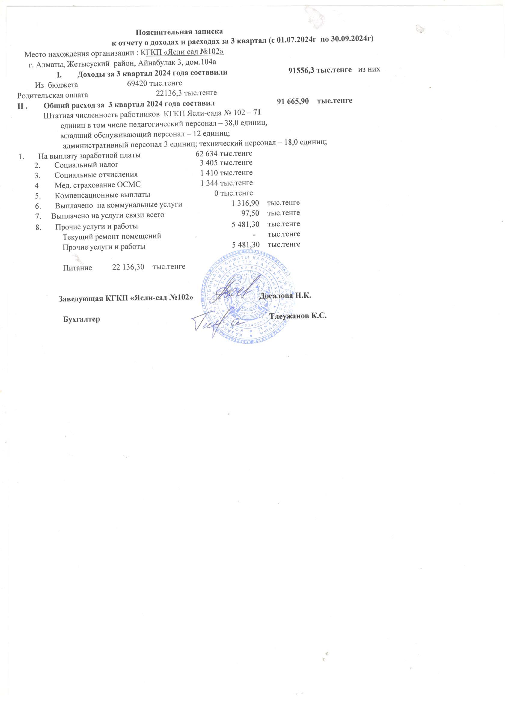 Отчет о доходах и расходах за 3 квартал 2024 года